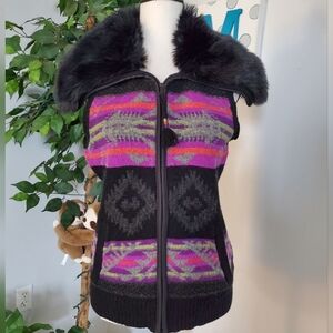 Ralph Lauren Active Lambswool Faux Fur Collar Navajo Aztec Sweater Vest M